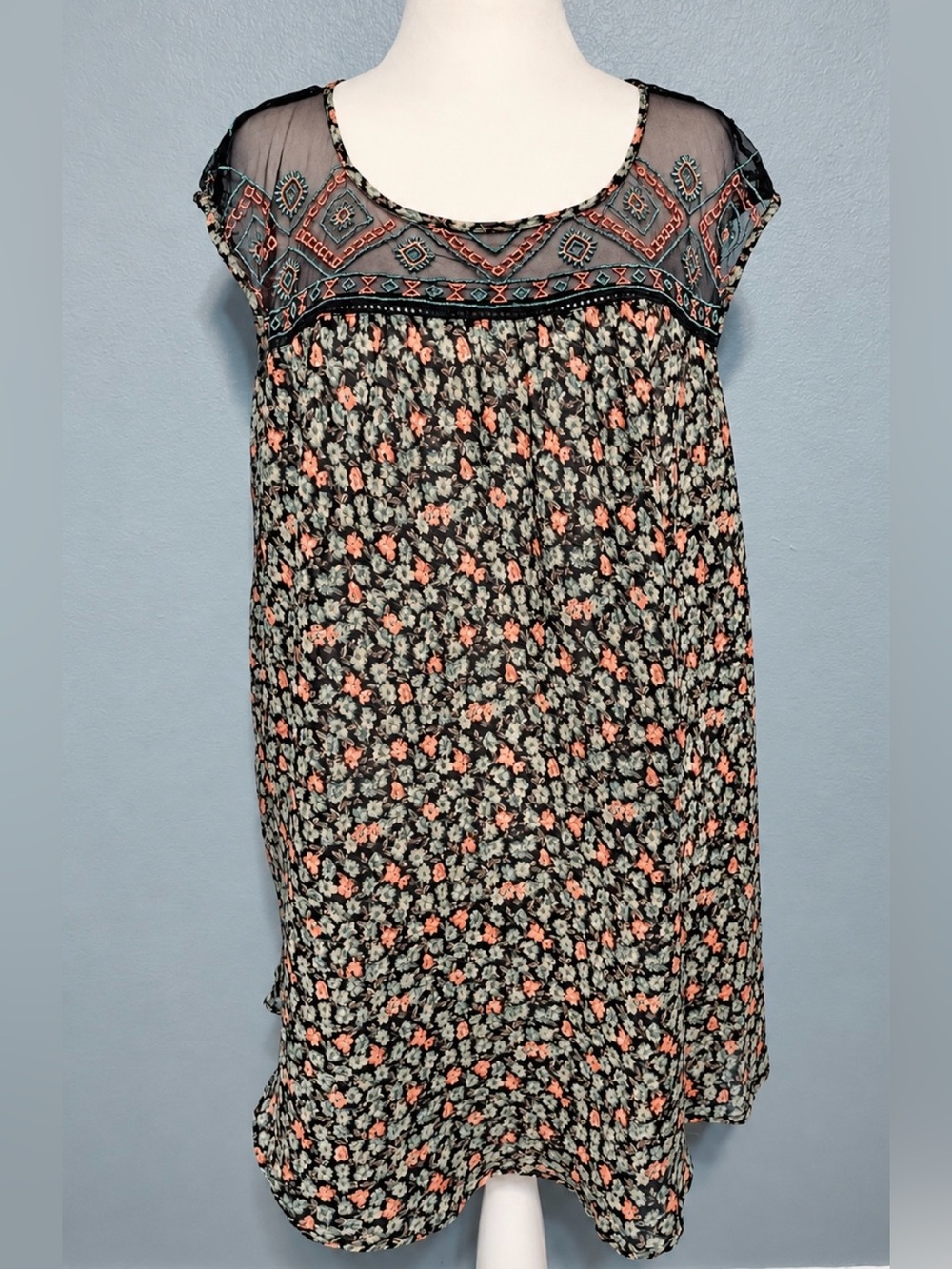 eShakti Floral Embroidered Tunic Top Sheer Mesh Yoke Boho Folk Peasant Blouse 3X
